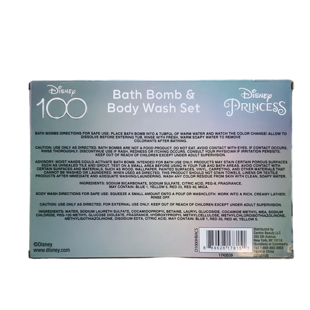 Disney 100yr Disney Princess Bath Bomb & Body Wash 8 Piece Set 4 Charms NIB